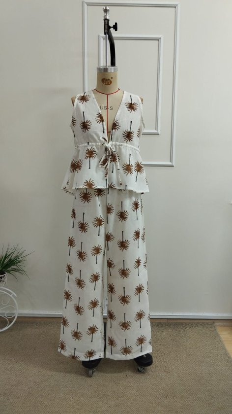 Set de două piese pentru femei, bluză și pantaloni cu imprimeu, decolteu în V, cu bretele, cu curea, 34490