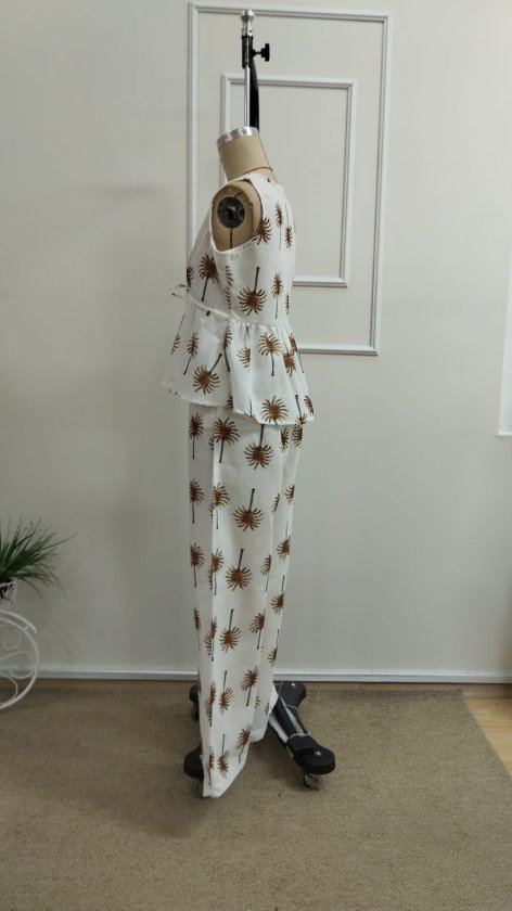 Set de două piese pentru femei, bluză și pantaloni cu imprimeu, decolteu în V, cu bretele, cu curea, 34490