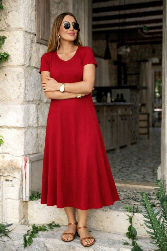 Rochie Midi Viscoză cu Mânecă Scurtă, Decolteu în V și Șliț pentru Femei, 33256