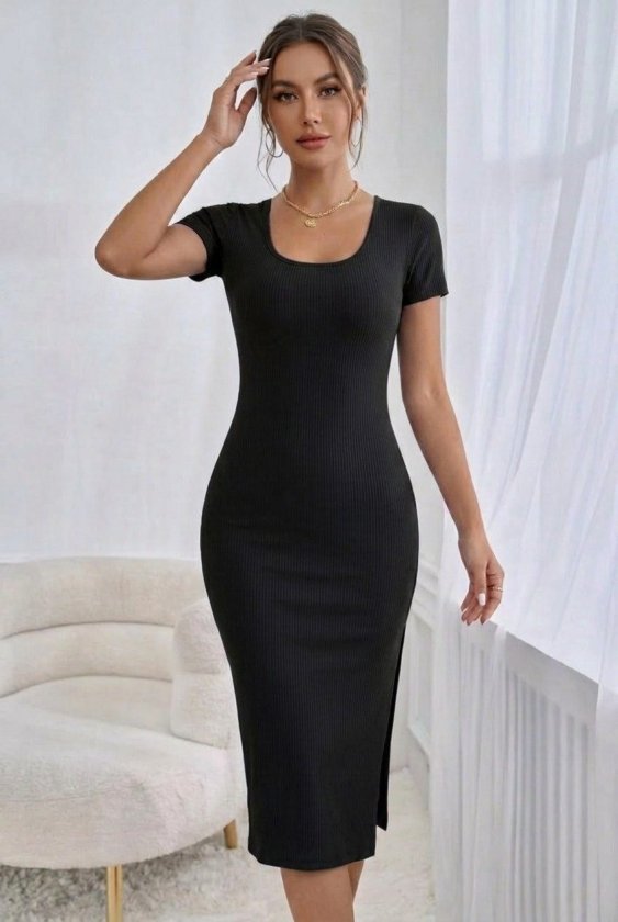 Women's Short Sleeve Round Neck Slit Ribbed Midi Dress, 33296