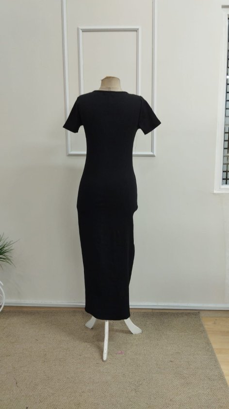 Women's Short Sleeve V-Neck Button Front Long Ribbed Dress, 33307
