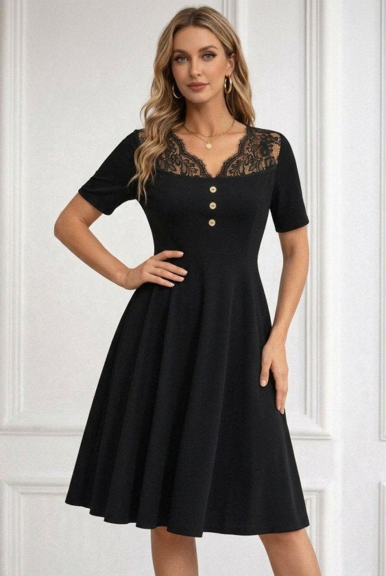 Rochie scurtă din crep strălucitor, cu mânecă scurtă, decolteu în V și nasturi, pentru femei, 33313