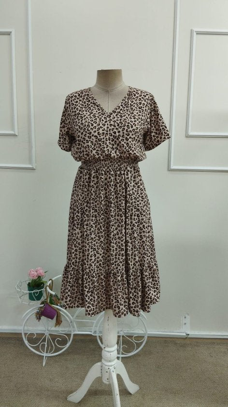 Rochie midi pentru femei, din jerseu, cu mânecă scurtă, decolteu în V și talie elastică, 33374
