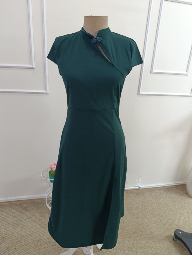 Women's Short Sleeve Mandarin Collar Slit Midi Imported Crepe Dress, 33835