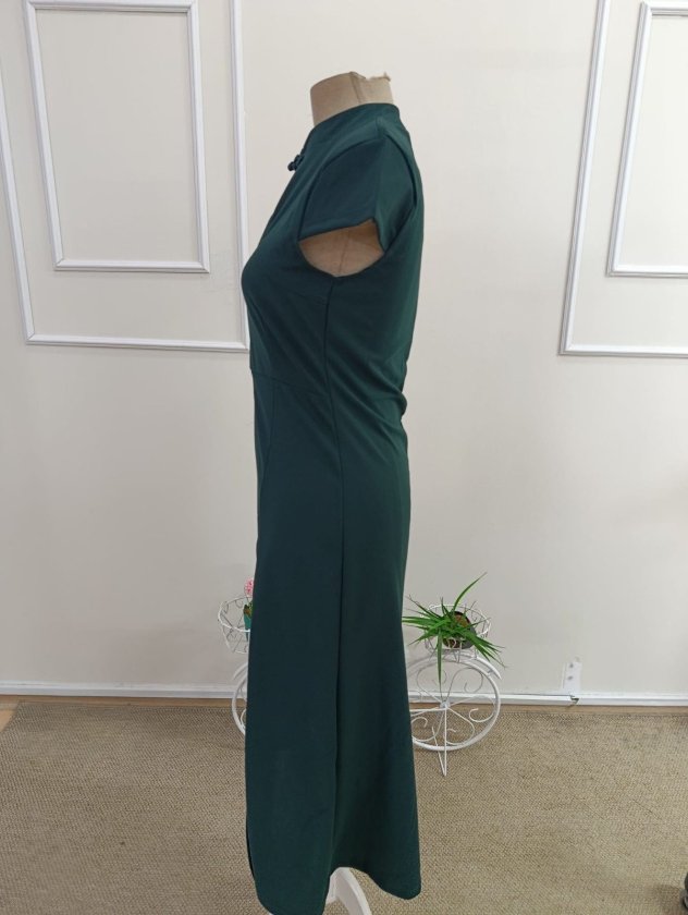 Women's Short Sleeve Mandarin Collar Slit Midi Imported Crepe Dress, 33835