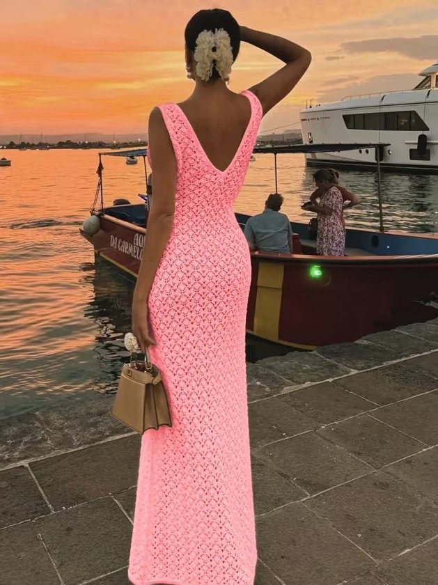 Rochie lungă tricotată cu decolteu în V și bretele pentru femei, 33414