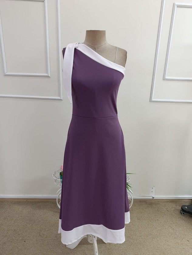 Rochie de damă cu un singur umăr și detaliu cu panglică, rochie din crep importat în două tonuri, 34441
