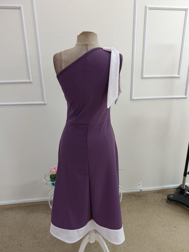 Rochie de damă cu un singur umăr și detaliu cu panglică, rochie din crep importat în două tonuri, 34441
