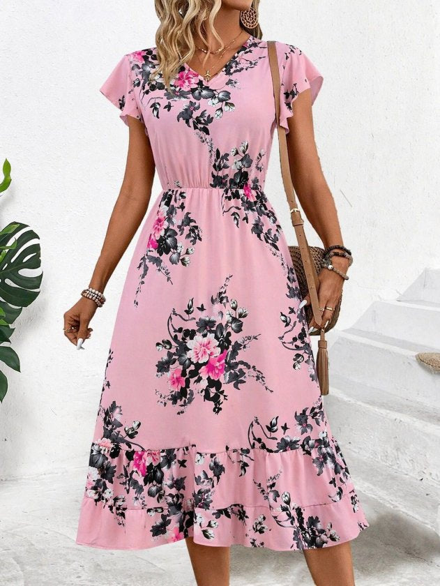 Rochie midi Supreme pentru femei, cu mânecă scurtă, decolteu în V și imprimeu, 33475