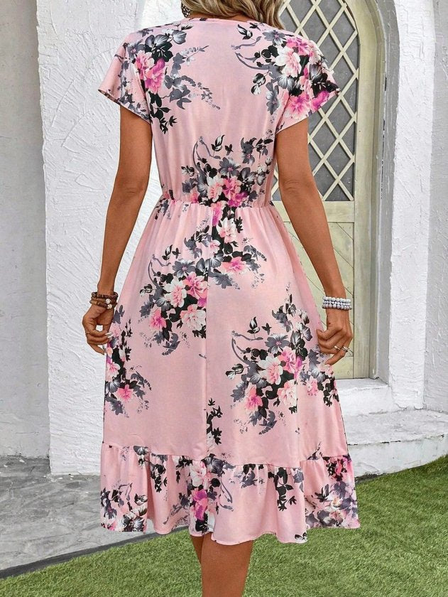 Rochie midi Supreme pentru femei, cu mânecă scurtă, decolteu în V și imprimeu, 33475