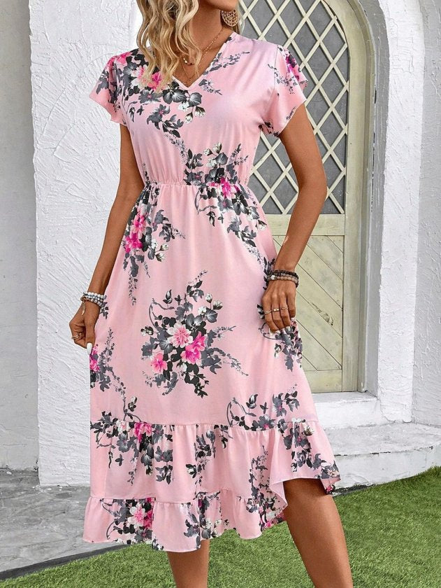 Rochie midi Supreme pentru femei, cu mânecă scurtă, decolteu în V și imprimeu, 33475