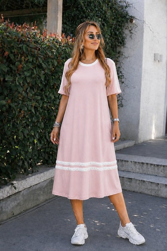 Rochie midi cu mâneci scurte, guler barcă, cu detaliu șnur, din viscoză, 37493