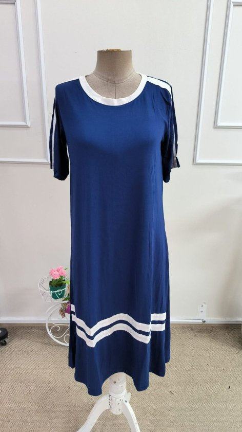 Rochie midi pentru femei, mânecă scurtă, guler rotund, cu detalii dungate, din viscoză, 37494