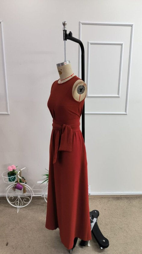 Women's Off-Shoulder Tied Waist Long Aerobin Dress, 33493