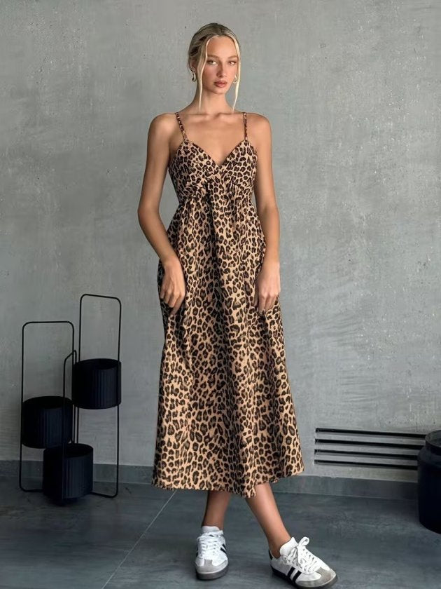 Women's Spaghetti Strap V-Neck Long Patterned Suprem Dress, 33539