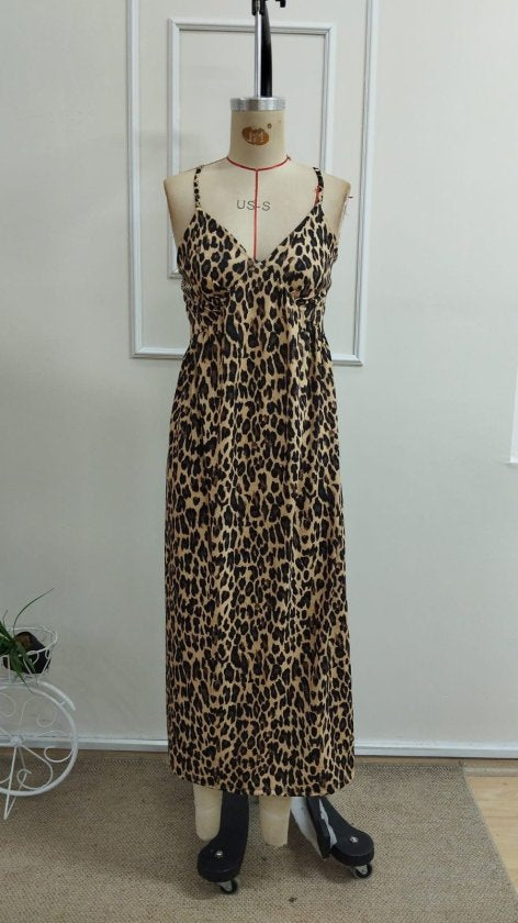 Women's Spaghetti Strap V-Neck Long Patterned Suprem Dress, 33539