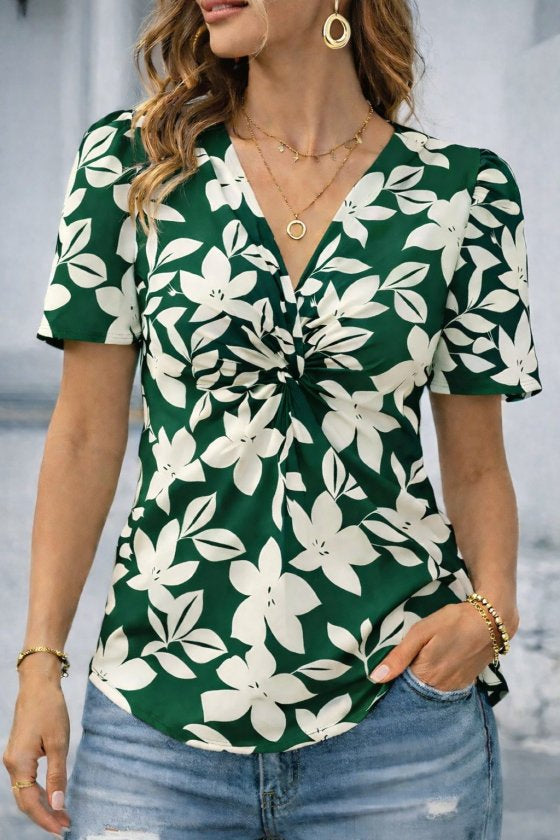 Bluza din suprem cu mânecă scurtă, guler V spiralat, model cu flori, 36644
