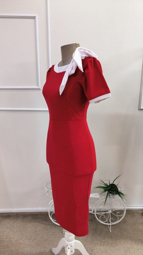 Rochie crep importata scurta pentru femei cu maneca scurta, snur decorativ la gat, 35764