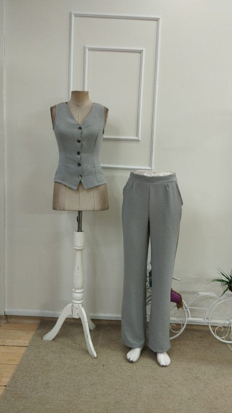 Kadın Askılı önden Düğmeli Bluz Ve Pantolon Keten Ikili Takım, 33552