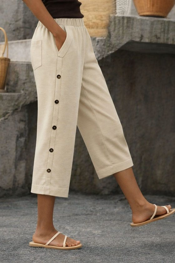 Pantaloni midi de damă, cu talie înaltă, elastică, cu detalii nasturi laterali, 33561