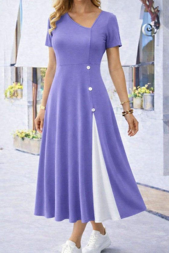 Rochie midi din viscoză pentru femei, cu mânecă scurtă, guler asimetric și detaliu cu nasturi, 33574