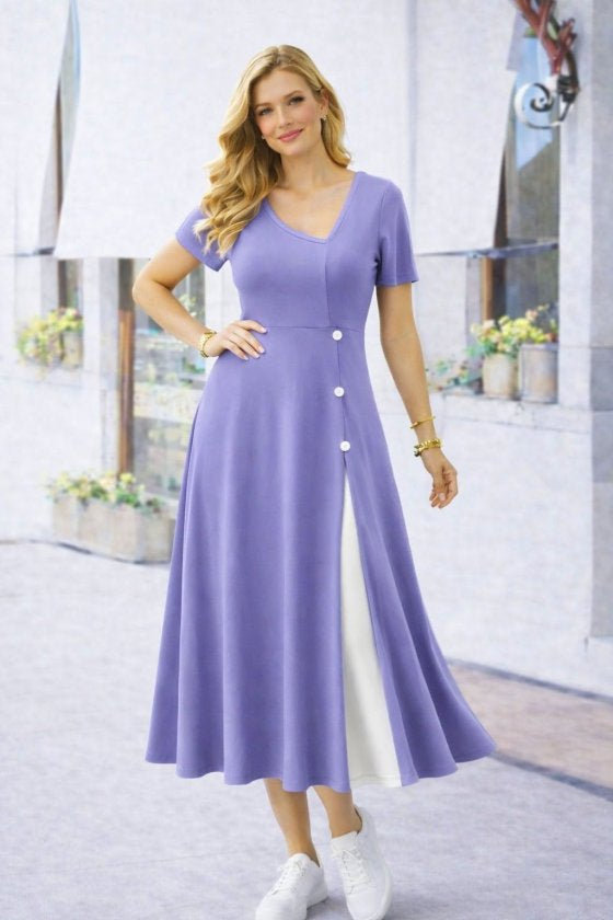 Rochie midi din viscoză pentru femei, cu mânecă scurtă, guler asimetric și detaliu cu nasturi, 33574