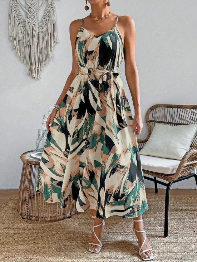 Rochie lungă Supreme cu imprimeu, decolteu în V, cu bretele și curea, pentru femei, 33596