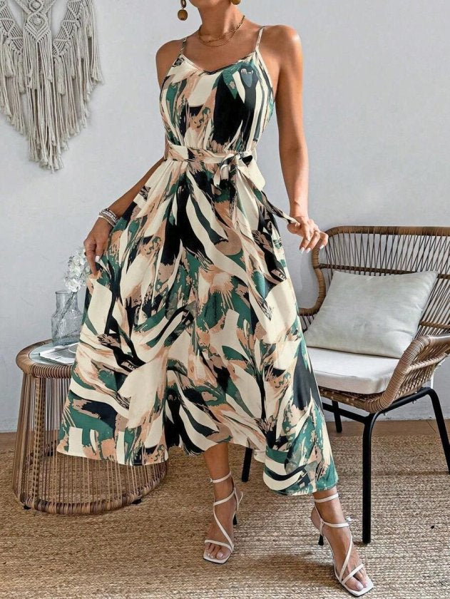 Rochie lungă Supreme cu imprimeu, decolteu în V, cu bretele și curea, pentru femei, 33596