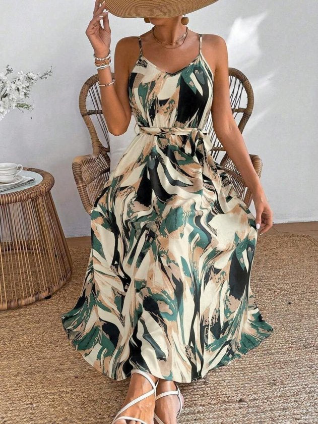 Rochie lungă Supreme cu imprimeu, decolteu în V, cu bretele și curea, pentru femei, 33596