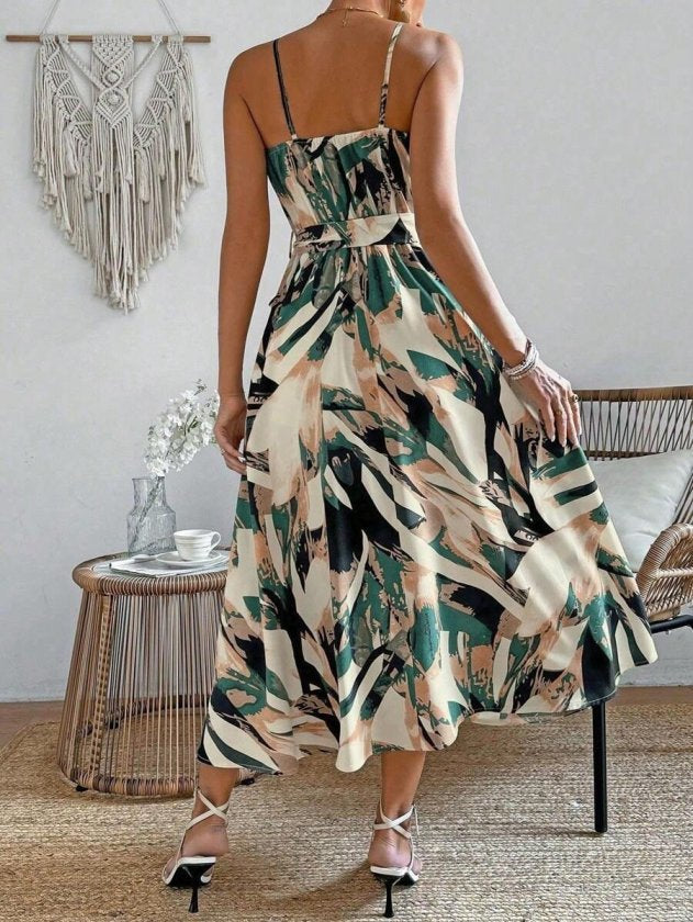 Rochie lungă Supreme cu imprimeu, decolteu în V, cu bretele și curea, pentru femei, 33596