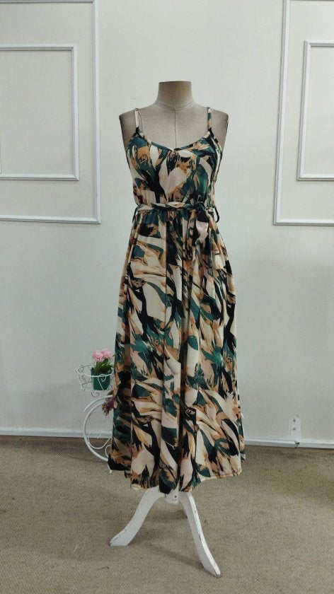 Rochie lungă Supreme cu imprimeu, decolteu în V, cu bretele și curea, pentru femei, 33596