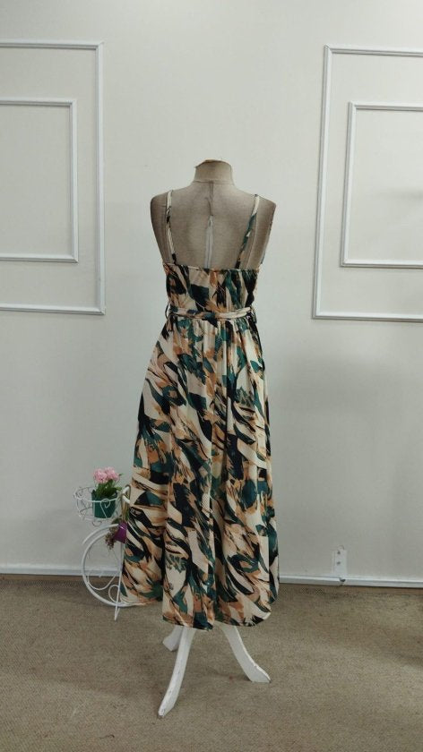 Rochie lungă Supreme cu imprimeu, decolteu în V, cu bretele și curea, pentru femei, 33596