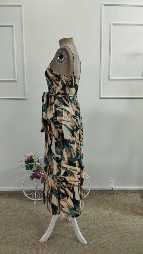 Rochie lungă Supreme cu imprimeu, decolteu în V, cu bretele și curea, pentru femei, 33596