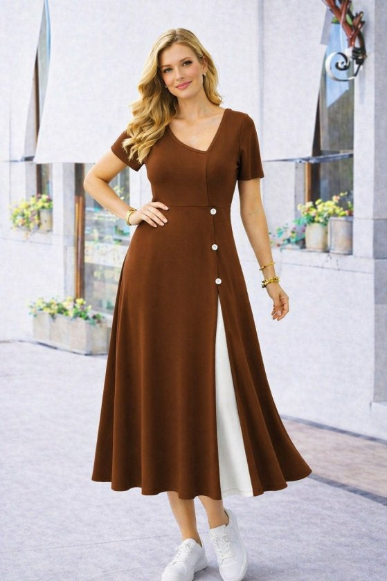 Rochie midi din viscoză pentru femei, cu mânecă scurtă, guler asimetric și detaliu cu nasturi, 33600