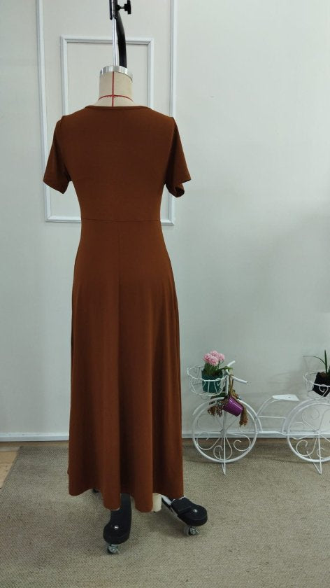 Rochie midi din viscoză pentru femei, cu mânecă scurtă, guler asimetric și detaliu cu nasturi, 33600