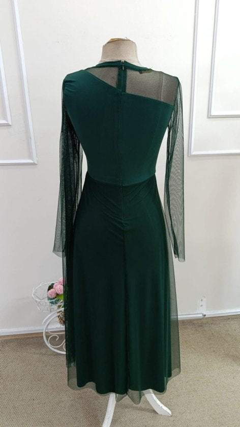 Women's Long Sleeve Mock Neck Tulle Detail Long Sandy Dress, 33666