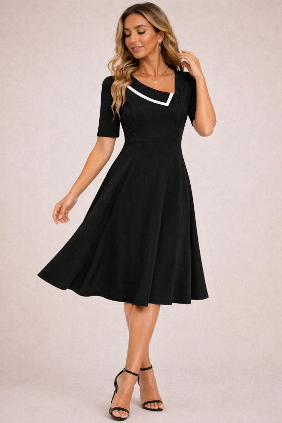 Rochie midi din crap pentru femei cu mâneci scurți, gât asimetric, 37553