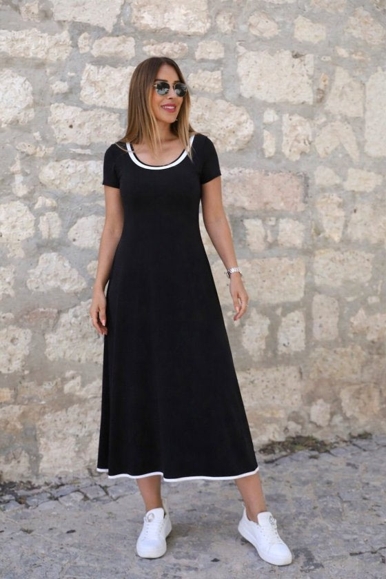 Women's Short Sleeve Round Neck Colored Collar Pleated Viscose Midi Dress, 33851