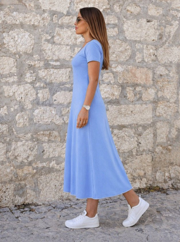 Women's Short Sleeve Round Neck Colored Collar Flared Midi Viscose Dress, 33852