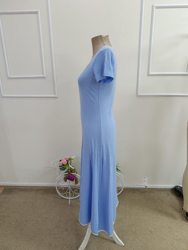 Women's Short Sleeve Round Neck Colored Collar Flared Midi Viscose Dress, 33852