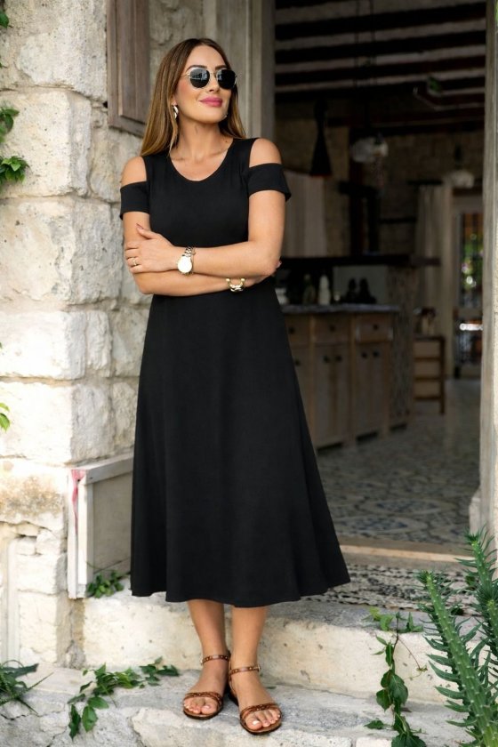 Rochie midi din viscoză, cu bretele și umeri goi, pentru femei, 33861
