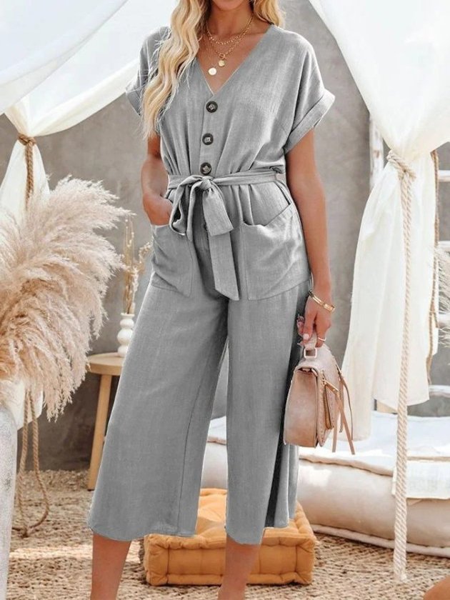 Women's Short Sleeve V-Neck Buttoned Belted Pocket Detail Long Jumpsuit, 33926