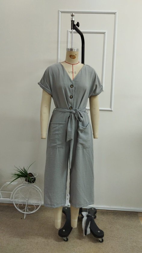 Women's Short Sleeve V-Neck Buttoned Belted Pocket Detail Long Jumpsuit, 33926