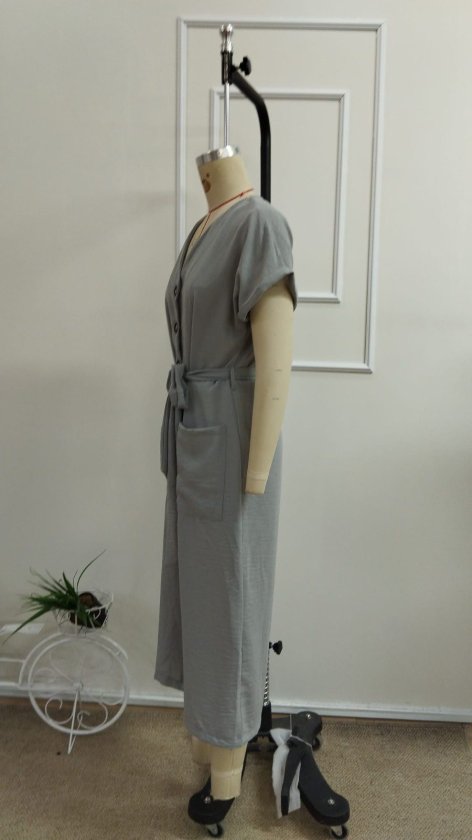 Women's Short Sleeve V-Neck Buttoned Belted Pocket Detail Long Jumpsuit, 33926