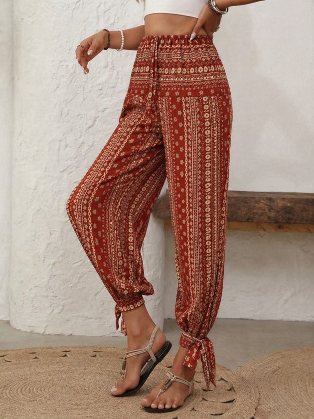 Pantaloni de damă cu talie înaltă, model, cu tiv cu legături și crăpături laterale, 33941