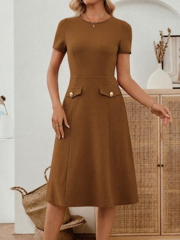 Rochie midi din crep importat, cu mânecă scurtă și guler rotund, pentru femei, cu detalii la buzunare, 33947