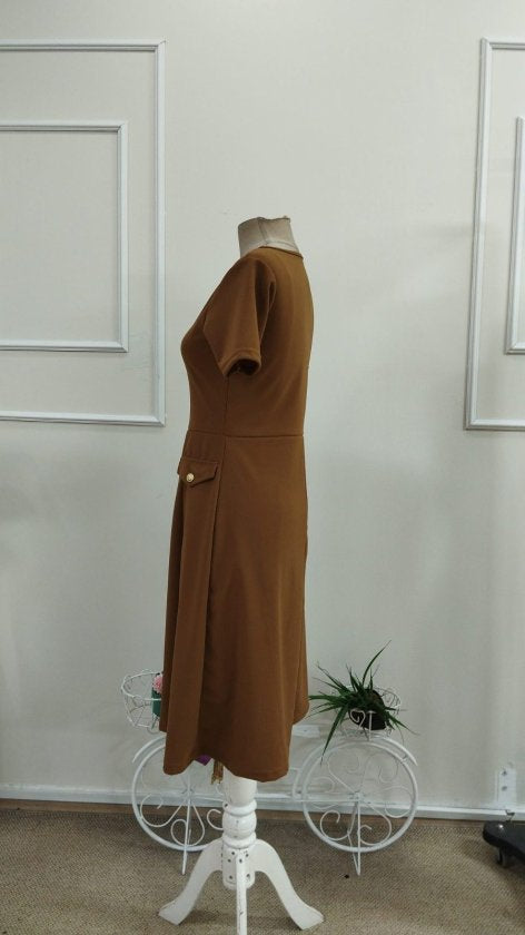 Rochie midi din crep importat, cu mânecă scurtă și guler rotund, pentru femei, cu detalii la buzunare, 33947