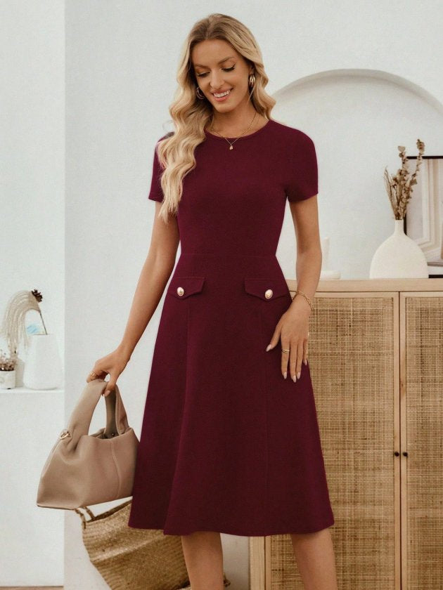 Women's Short-Sleeve Crew Neck Pocket Detail Midi Imported Crepe Dress, 33949