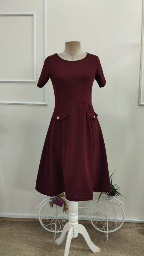 Women's Short-Sleeve Crew Neck Pocket Detail Midi Imported Crepe Dress, 33949