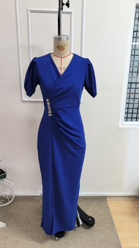 Women's Short-Sleeve Wrap V-Neck Crepe Dress with Floral Waist Accessory and Slit, 33976